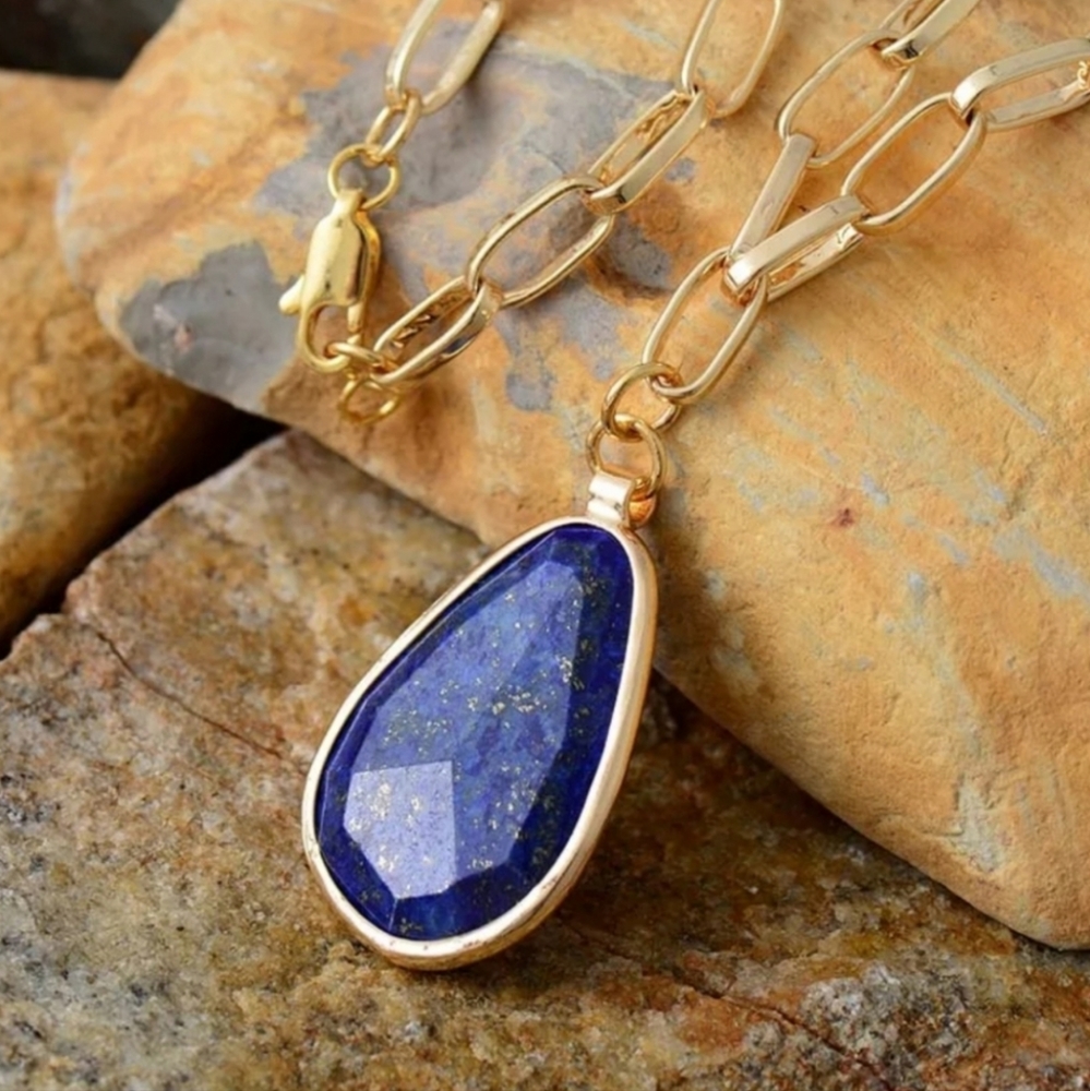 Lapis Lazuli Natural Stone Pendant Chunky Coper Chain Necklace